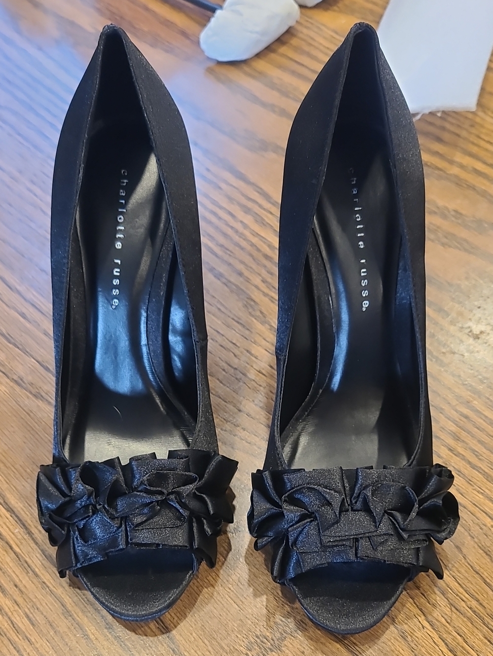 Charlotte Russe Black Satin Peep-Toe Heels with Ruffle Accent